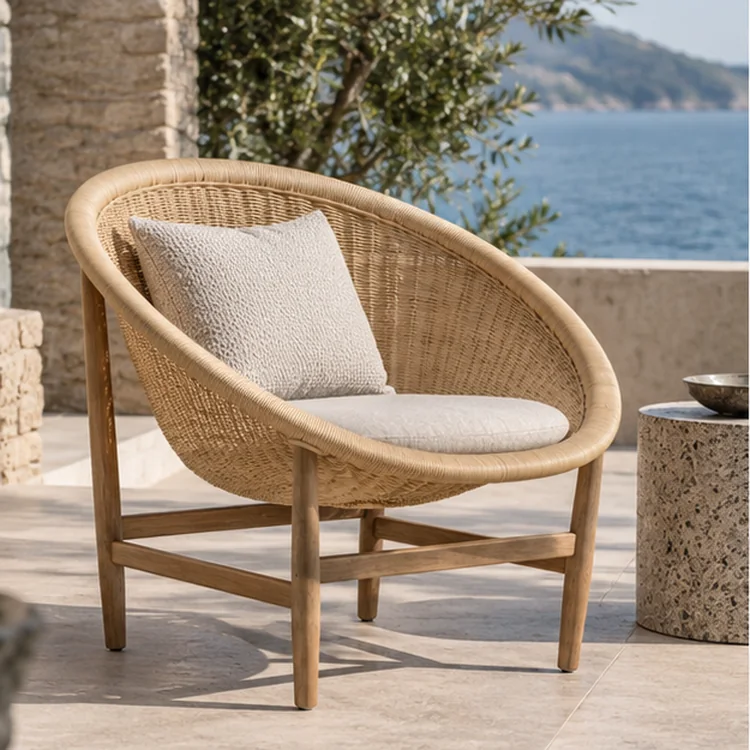 Round Teak and Rattan Woven Outdoor Lounge Chair