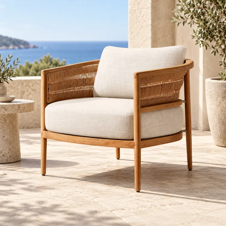 Teak and Woven Outdoor Lounge Chair